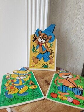 Vintage Set of 3 Warren Built-Rite Puzzles Sta-N-Place Furry Inlaid Tray Puzzles